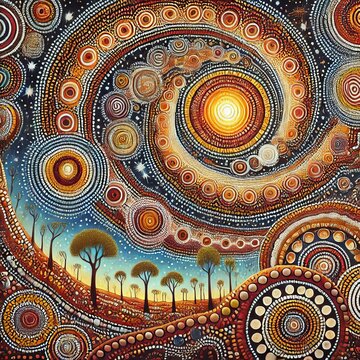 Australian Aboriginal dot painting style art dreamtime story of the land.
