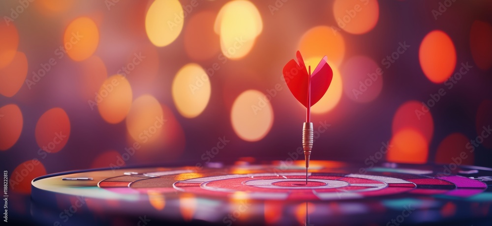 Poster dartboard with dart in bullseye, vibrant bokeh background, focus on precision and skill, copy space 