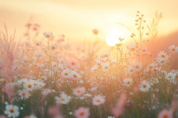 Daisy field glowing in soft morning light