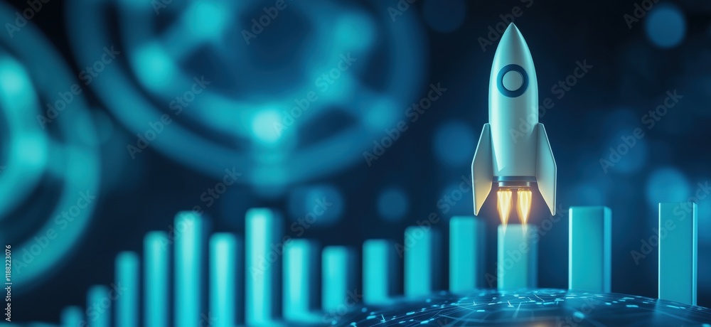 Poster rocket launch symbolizing technological advancement and innovation, with glowing blue background and