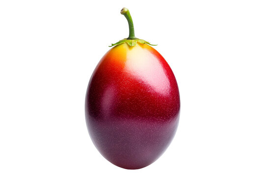 Closeup of a ripe red tamarillo or pitomba with green stem, isolated on white transparent background, showcasing its glossy texture and vibrant color