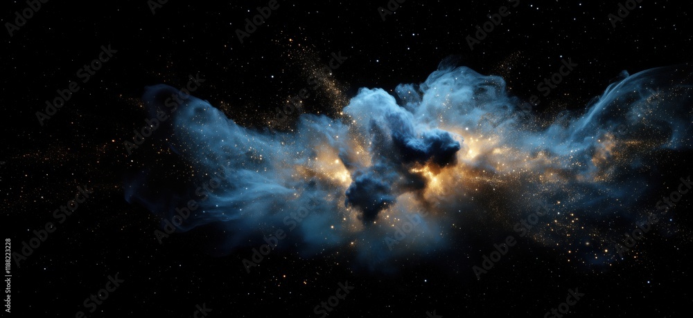 Poster cosmic nebula explosion with stars and gas clouds in deep space, copy space for text