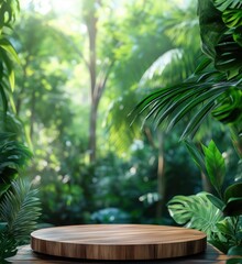 Fototapeta premium Natural wooden display platform surrounded by lush green tropical foliage and sunlight filtering through trees, copy space for text