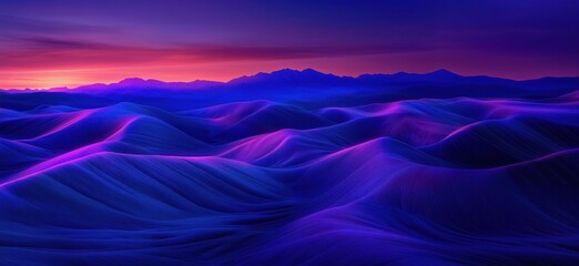 Vibrant undulating landscape with purple and blue hues at sunset, showcasing dramatic mountain silhouettes in the background, copy space for text