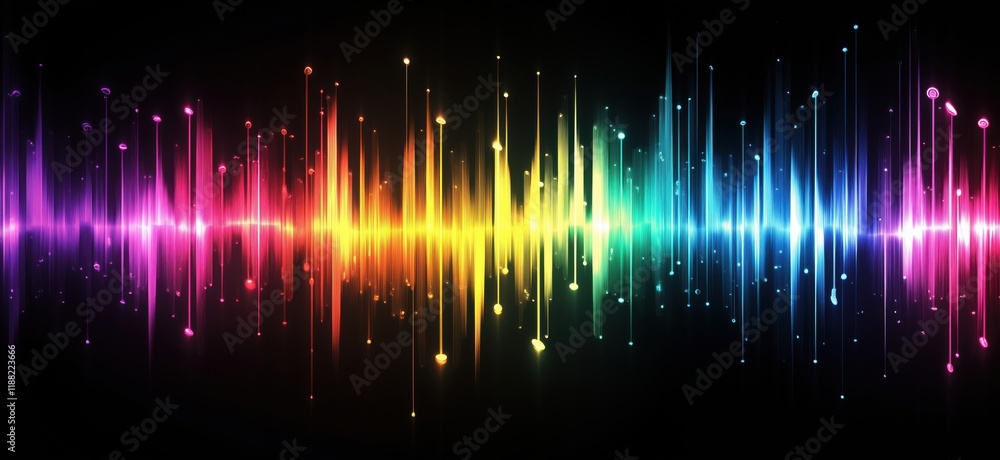 Poster colorful sound wave visualization with vibrant spectrum and dynamic peaks, copy space for text