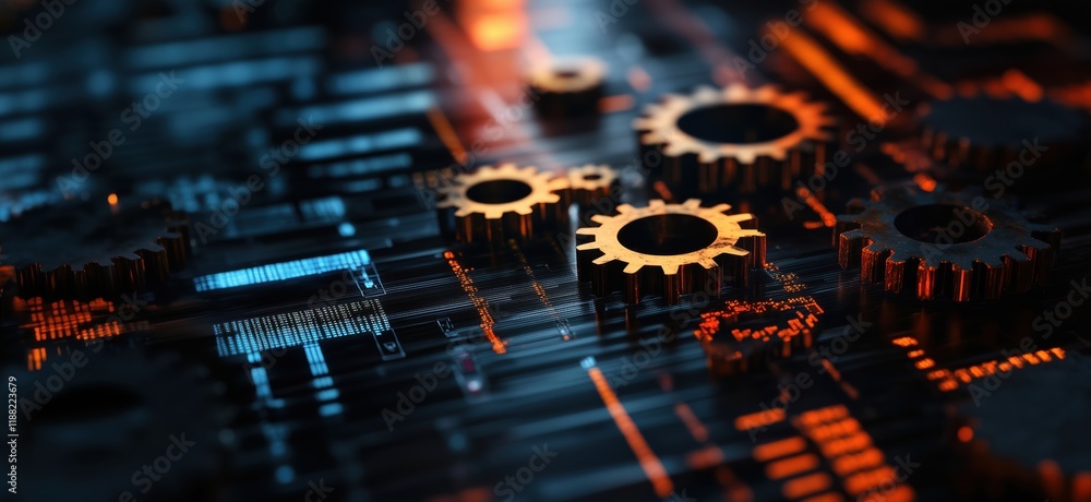 Poster gears on circuit board, symbolizing technology and engineering, close-up view of mechanical componen
