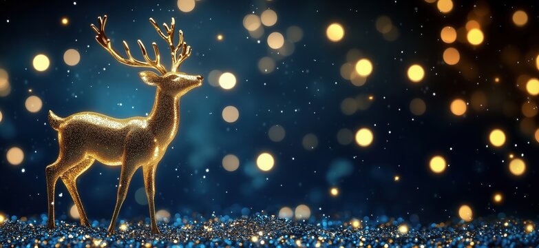 Golden reindeer figurine sparkling against a dreamy blue background with bokeh lights and glitter, evoking festive holiday spirit, copy space for text
