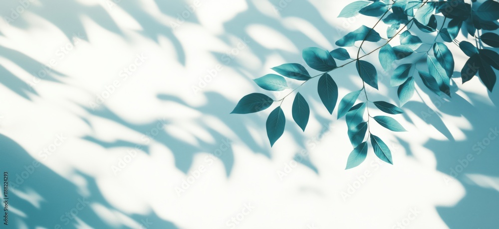 Poster delicate green leaves casting soft shadows on light background, creating serene and tranquil atmosph