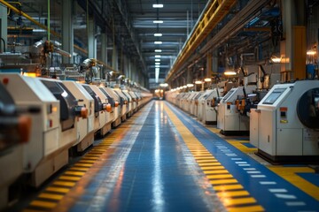 Modern textile factory with rows of automated machinery