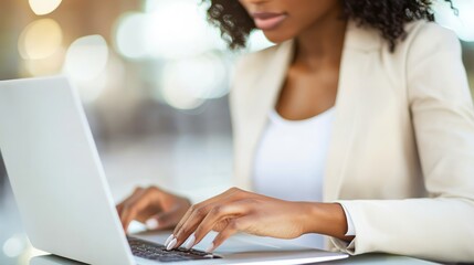 Fototapeta premium Woman Using Laptop Computer Wearing White Blazer