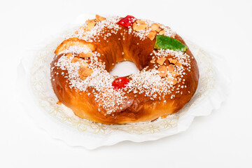 View of the Spanish dessert called Roscon de Reyes, which is typical in Spain on January 6th