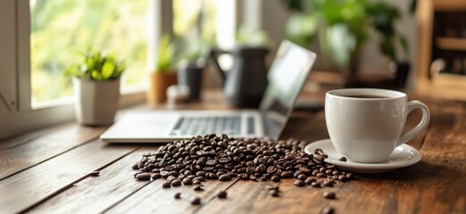 Coffee beans scattered on wooden table beside white cup of coffee and laptop in cozy workspace with plants, copy space for text