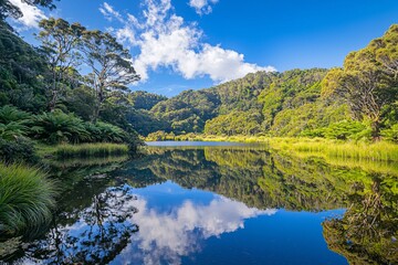Fototapeta premium Water Ripple Effect on a Calm Pond Surrounded by Green Foliage – Nature Reflection Photography Bali