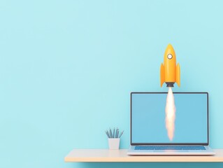 Rocket launch animation on laptop screen in minimalist workspace