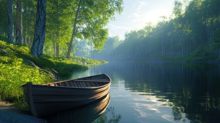 Wooden Rowboat Docked on Serene Forest Lake at Dawn