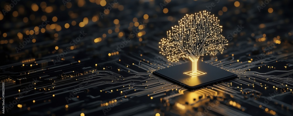 Poster digital tree symbolizing growth and connectivity on circuit board, illuminated with golden lights, r