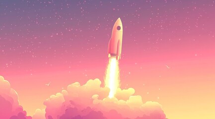 Fototapeta premium Vibrant rocket launch in starry sunset sky with clouds