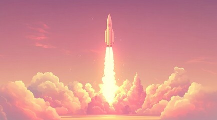 Fototapeta premium Rocket launch at sunset with billowing clouds and a vibrant sky