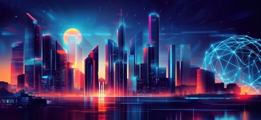 Obraz premium Futuristic city skyline at sunset with neon lights, towering skyscrapers, and digital globe, showcasing advanced technology and vibrant colors, copy space for text
