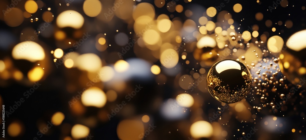 Poster golden spheres and shimmering bokeh lights creating a mesmerizing abstract background with depth and