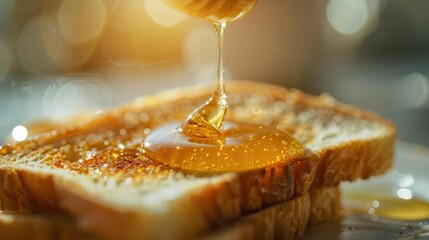 A close-up of toast drizzled with honey, highlighting a delicious breakfast moment.