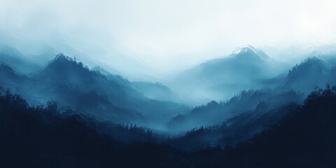 Misty mountain range with layers of blue and green hues