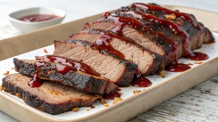 Sliced beef brisket drizzled with barbecue sauce on a wooden platter for a perfect meal