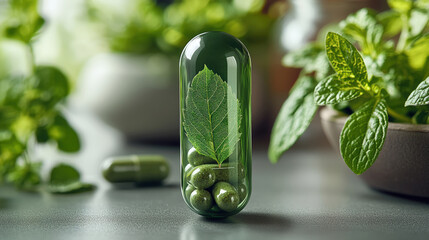 A pill bottle with a leaf inside of it. The pill bottle is green and the leaf is also green. The pill bottle is on a table with a bowl of green plants next to it