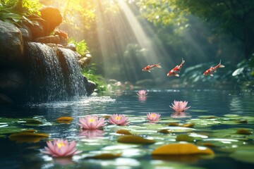 Fototapeta premium Scenic pond with floating lotus flowers surrounded by lush greenery