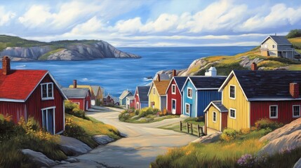 Colorful Coastal Village Houses Overlooking Ocean Bay