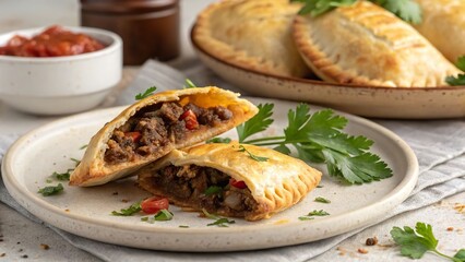 Delicious beef empanadas served with fresh herbs and salsa in a cozy dining setting