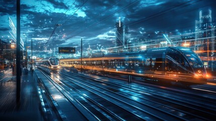 Fototapeta premium Futuristic High-Speed Train in a City at Night