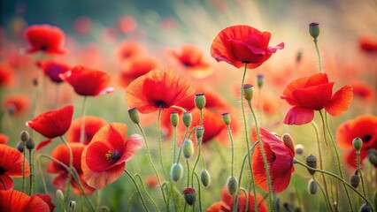 Fototapeta premium A field of vibrant red poppies swaying gently in the wind with delicate petals and soft texture, funeral flower, remembrance
