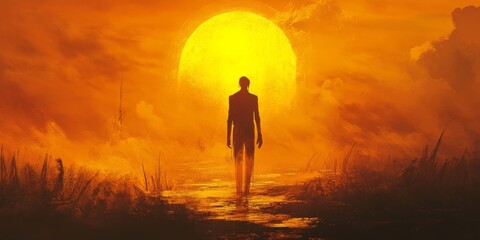Silhouette of a man standing in a glowing sunrise field