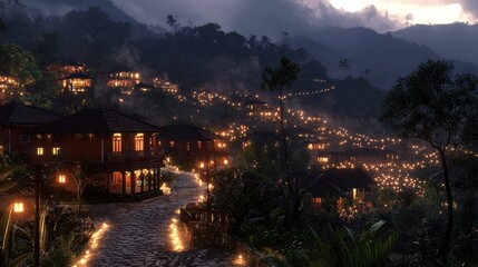 Fototapeta premium Serene mountain village with colorful houses and lanternlit gazebo