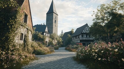 Picturesque Medieval Village Street Cobblestone Path Flowers