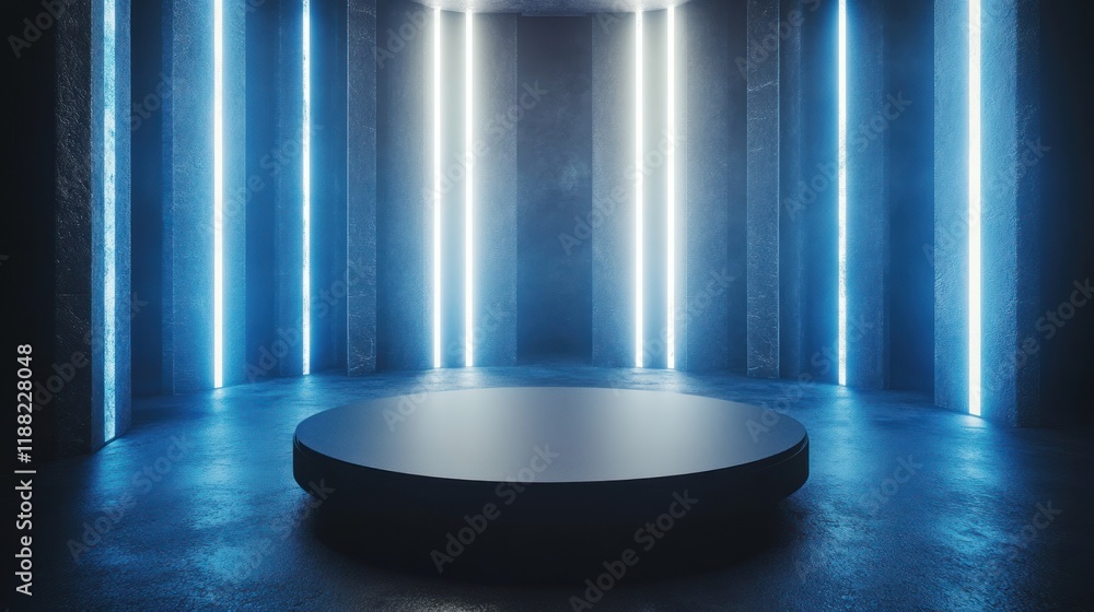 Poster dark room neon lights circular platform display