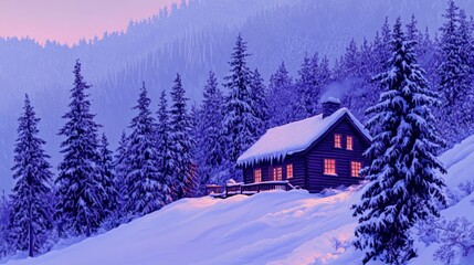 Naklejka premium Snowy Cabin Nestled Among Winter Evergreens