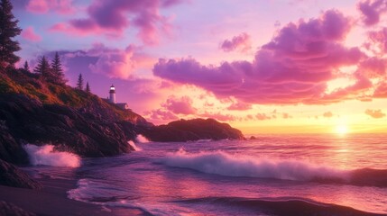 Majestic coastal lighthouse at pink sunset with waves crashing on rocky shore