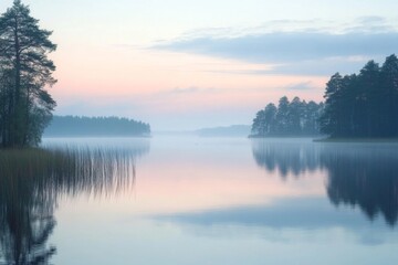 Fototapeta premium Idyllic misty lake at sunrise surrounded by trees