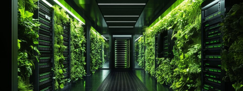 Green server room with plants on walls. (1) - Powered by Adobe