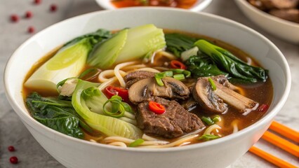 Bowl of steaming beef noodle soup with fresh vegetables and vibrant herbs in a cozy setting