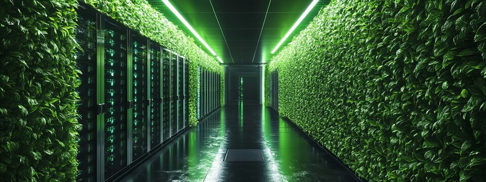 Green technology server room with plants.