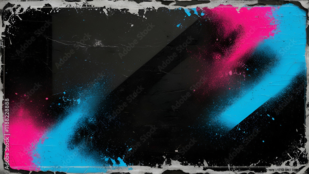 Poster an abstract retro background with a grainy texture, combining black, blue, and pink with spray color
