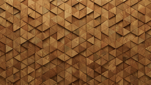 Timber Tiles arranged to create a Wood wall. Natural, Triangular Background formed from 3D blocks. 3D Render