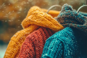 Fototapeta premium Stack of colorful knitted scarves with vibrant textures and patterns