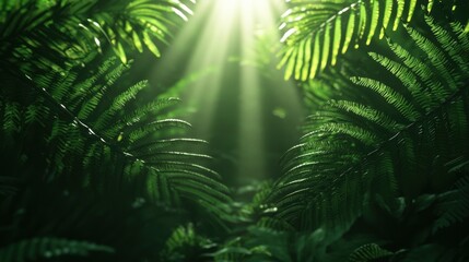 Sunlight Filtering Through Lush Green Ferns in a Forest