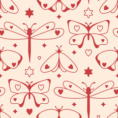 Spring seamless pattern with dragonfly and butterflies .Tender cream and red color scheme. Elegant and printable fabric design, girly holiday decor, wallpaper, wrapping paper or endless background
