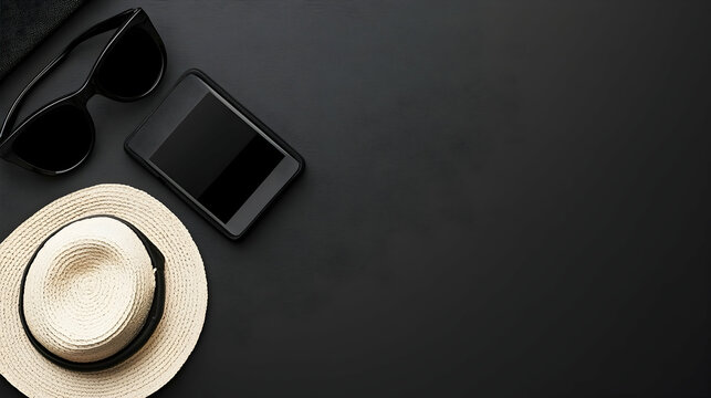 Flatlay summer travel essentials hat, sunglasses, phone on black background