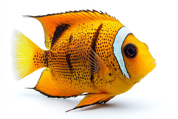 Naklejka premium Vibrant orange fish, black spots, white stripe, isolated.